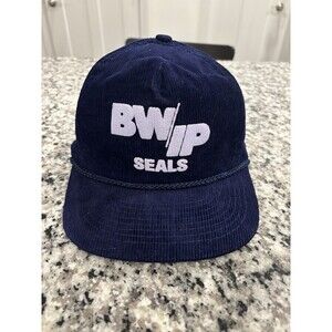 Vintage BWIP Seals Hat Cap Snap Back Blue Corduroy Rope Advertisement Mens 80s